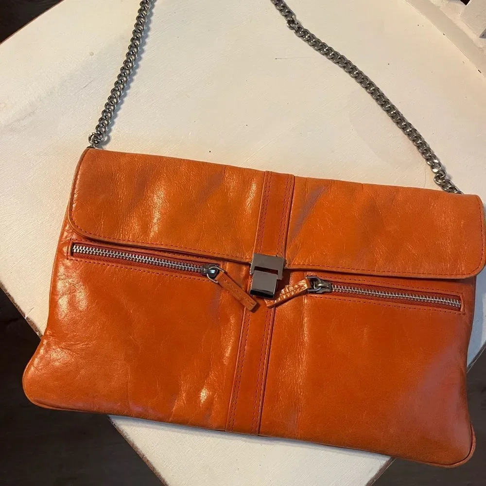 IRIS TYLER Elegant Tan Leather Shoulder Bag; measurements: 12x7 & 24 “ chain